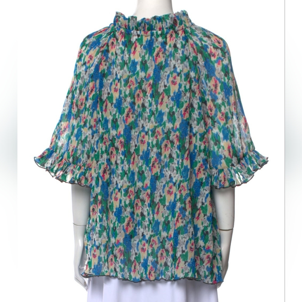 Ganni Women's Medium US6, DK36 RUFFLE FLORAL PLISSÉ-GEORGETTE TOP New - Picture 4 of 4